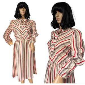Vintage 1970's Melissa Lane striped dress with neck tie red & tan medium